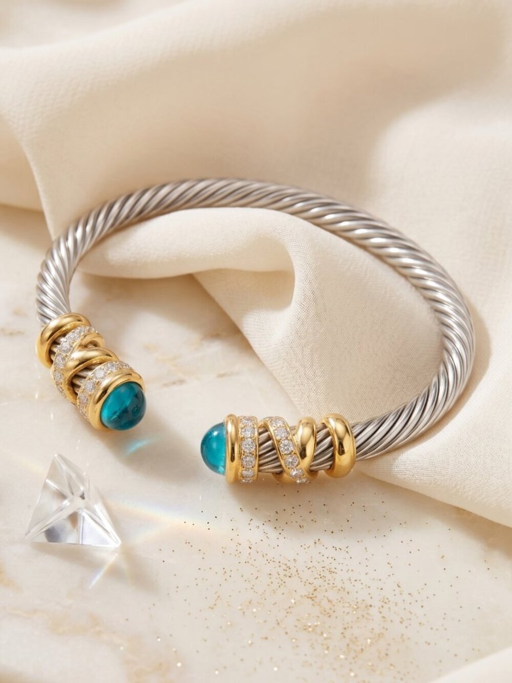 Two-Tone 18K Gold Plated Cable Cuff Mixed Metals Bracelet Turquoise Crystals - Picture 12 of 12